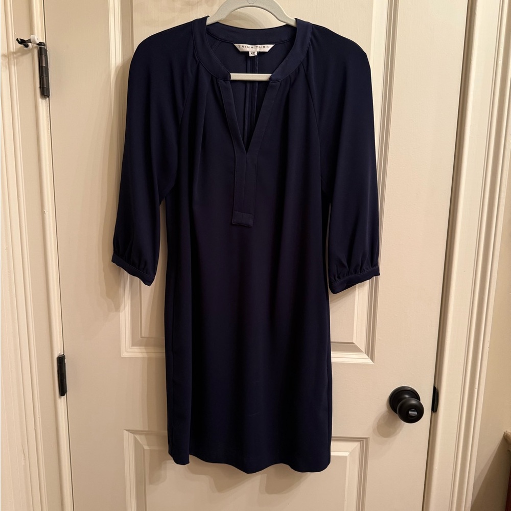 Lafayette 148 New York Navy Split-Neck Shift Dress